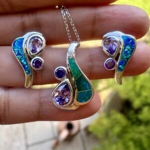 Anne‎ Klein Pendant Necklace 17" Earrings Tanzanite Inlay Opal 925 Sterling 9.7g